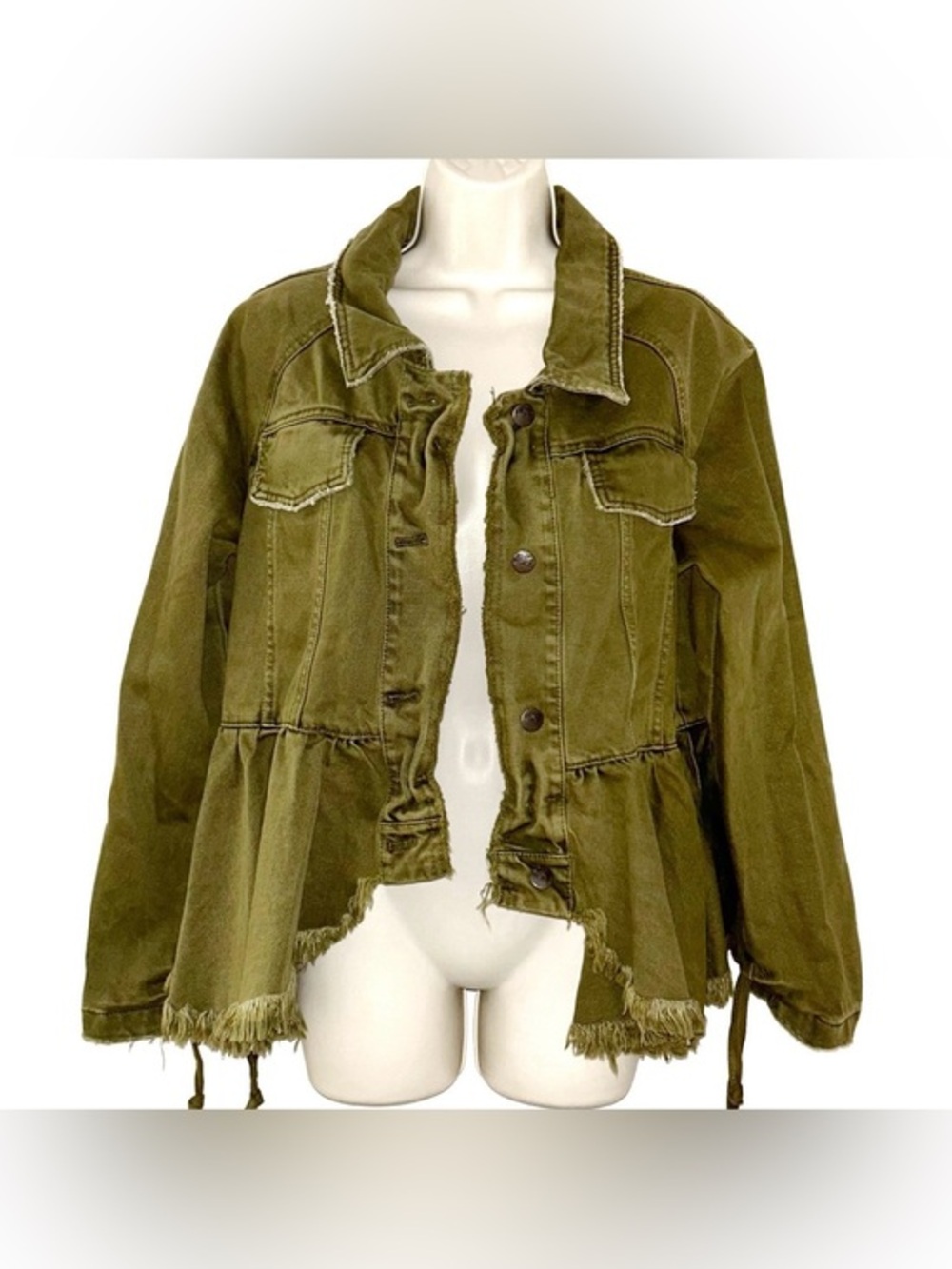 Free People Willow Denim Lace Up Cuff Ruffle Peplum Military Jacket